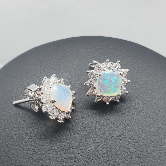 Silver 925 Rhodium Plated Opal Sun CZ Stud Earring and Necklace Set